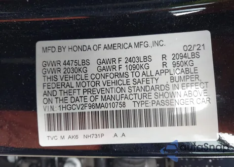 2021 Honda Accord Touring z USA, uszkodzony, nr VIN 1HGCV2F96MA010758